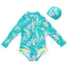 Conjunto de Traje de Baño de una Pieza de Manga Larga para Niñas con Estampado Floral Tropical y Gorro de Natación, Protección Solar Clase A UPF50+, Secado Rápido, Ropa de Natación para Niños