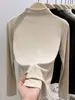 Camiseta Manga Longa Gola Meia-Alta Regular Melanóide Bambu Escovado Algodão Ombro Normal Top Versátil Emagrecedor Gola Integrada Outono