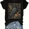 Estampado Floral Vintage y de Cuervos + Manga Corta + Cuello Redondo Camiseta + Ropa de Mujer para Primavera y Verano