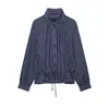Camisa feminina curta ZA de outono e inverno, listrada, com gola alta e cordão para ajustar a cintura, versátil, europeia e americana, para uso transfronteiriço