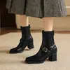 Botas Elegantes para o Dia a Dia, Estilo Retrô, Bico Quadrado, Salto Bloco de 7cm, Botas Elegantes de Cano Curto com Patchwork, Estilo Britânico