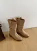 Botas de Cano Curto com Salto Bloco V-Cut Aumentadoras de Altura 8cm para Mulheres, Novo Estilo Vintage Outono/Inverno, Emagrecedoras com Solado Grosso