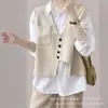 Chaleco de punto irregular de diseño de nicho estilo coreano con bolsillos, cárdigan corto exterior de cuello en V a la moda para mujer