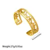Pulsera de Acero Inoxidable Chapado en Oro de 18K de Estilo Nuevo Europeo y Americano que Conserva el Color para Mujer, Pulsera Abierta de Acero de Titanio con Diseño de Flor y Hoja de Gama Alta