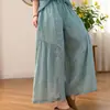 Pantalones de pierna ancha de algodón y lino color caramelo de verano para mujer, nuevos, literarios, holgados, casuales, forma de pera, versátiles, con cordón, patchwork, pantalones cortos