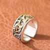 Anillo de Plata S925 Rey Ciervo Dorado para Hombre Estilo Punk Retro Versión Ancha Grabado Onda de Agua Dragón Dorado Anillo Abierto Joyería de Plata