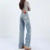 Jeans Retro Americanos de Pierna Ancha Primavera y Verano Cintura Alta Estrecha Azul Claro Adelgazantes Pantalones Alargados Versátiles