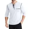 Roupas Masculinas Transfronteiriças Outono e Inverno 2026 Camisa Henley de Manga Longa Camiseta Retro Masculina Europeia e Americana Top com Bolso de Três Botões