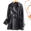 Novo trench coat elegante de cintura marcada, caimento justo, jaqueta curta para o dia a dia, casaco de couro, pele de ovelha
