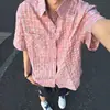 Camisa de manga corta a cuadros rosa retro americana con textura para hombre, diseño holgado, chaqueta camisa versátil de verano para hombre