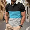 Camisas Polo Masculinas de Verão com Manga Curta Europeias e Americanas Transfronteiriças Impressão 3D Casuais Coloridas em Bloco com Zíper e Gola Polo