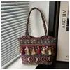 Bolsa de Lona Grande Estilo Étnico Retro, Bolso de Mano de Lona para Viaje de Moda y Sencillo, Bolso de Mano de Oficina con Borlas, Bolso de Hombro Grande