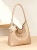 Bolso de mano tejido a mano de alta gama, estilo coreano, estilo vacacional, tamaño mediano tipo cubo, bolso tote versátil de gran capacidad, lujo ligero