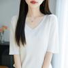 Tejido de Seda de Hielo de Manga Corta para Mujer Verano Nuevo Cuello en V Manga Media Camiseta Básica Fina Top Look Adelgazante y Versátil Color Puro Ropa Interior