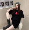 Camiseta Feminina Loose Tamanho Grande Manga Curta Gola Redonda Estampada Elegante Estilo Coreano Urso Preto para o Dia a Dia