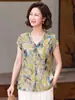 Camisa casual de moda slim fit com decote em V, de manga curta, estilo chinês, para mães de meia-idade e idosas