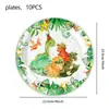 Set de decoración de cumpleaños para niños con diseño de dinosaurio en acuarela de dibujos animados transfronterizo con banderines colgantes, platos de papel triangulares de panal de abeja con dinosaurio y vasos de papel
