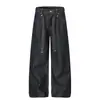 Calça Jeans Denim Lavada com Efeito Desgastado Estilo Retrô Americano com Costuras Visíveis e Cordões, Unissex Verão Novo Estilo, Calça Larga Solta