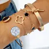 Pulsera de Trébol de Cinco Hojas con Incrustaciones de Diamantes de Aleación de Moda Transfronteriza Europea y Americana Joyería Set de Tres Piezas Pulsera Geométrica Simple Lisa Venta al por Mayor