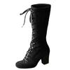 Botas Femininas de Cano Alto Grande, com Cadarço, Desgastadas, Acima do Joelho 2024 Outono e Inverno Novas, Salto Quadrado, Estilo Europeu e Americano, Temu