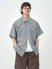 Camisa de Houndstooth Retro Literaria Japonesa para Pareja de Manga Corta para Hombre Moda Versátil Holgada y Atractiva Camisa Casual
