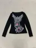 Outono Estilo Europeu e Americano Ins Rua Retrô Sexy Moda Elegante Gola Redonda Estampada Camiseta de Manga Comprida Feminina Atacado