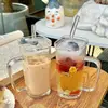 Taza de Vidrio Simple Ins Taza Femenina de Aspecto Elegante Taza de Agua con Asa Popote Leche Rayas Verticales Patrón Martillado Taza Cuadrada