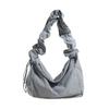 Bolso de lona para mujer, estilo coreano, de un solo hombro, plisado, con cordón, pequeño, fresco, artístico, de color sólido, portátil, cruzado, informal, para mujer