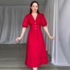 Vestido de verão 2024 novo europeu e americano Amazon transfronteiriço feminino cor sólida gola V manga bufante cintura temperamento