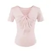 Camiseta feminina de manga curta torcida com decote V em Liocel, design de pregas cruzadas para o verão, estilo coreano, elegante, ombro normal, top que acintura