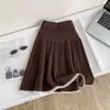 Saia Plissada Curta de Tricô Patchwork com Renda Estilo College Doce para Mulheres, Cintura Alta Emagrecedora para Looks de Verão