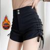 Shorts femininos forrados com lã preta para o início do outono, design moderno, com cordão, base plissada, botas casuais de perna larga