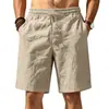 Shorts de Linho Europeu e Americano de Verão, Soltos, Respiráveis, Casuais, Esportivos, Cor Sólida Simples, Cordão, para Férias na Praia