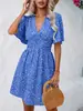 2026 Amazon Transfronterizo Europeo y Americano Ropa Femenina Verano Nuevo Estilo Cuello en V Manga Media Estampado Cintura Alta Floral Vestido Plisado