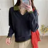 Suéter de Estilo Europeo de Alta Gama en Color Verde con Cuello Camisero para Mujer, Tejido de Punto Falso de Dos Piezas con Bloques de Color, Prenda Interior tipo Polo Holgada con Cuello en V para Otoño e Invierno
