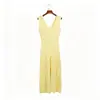 Vestido de Punto Acanalado de Color Sólido Estilo Verano Temprano con Doble Escote en V, de Botones, Ajustado, Dobladillo Amplio, sin Mangas, Vestido Fresco y Sencillo para Mujer