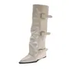 Novas botas femininas de salto alto longas para mulheres baixinhas, com saltos grossos e design afunilado over-the-knee, botas de couro fashion de cano alto de nicho