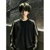 Roupa Esportiva de Basquete Juvenil Preta Americana Camiseta Listrada de Fio Duplo Homens e Mulheres Hoodie de Gola Redonda de Manga Longa Falso Duas Peças