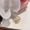 Anel Versátil Elegante de Alto Padrão, Estilo Coreano, Simples, com Zircônia Cúbica Incrustada, Trevo de Quatro Folhas com Strass Duplo