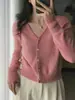 Nuevo cárdigan de lana para mujer Primavera y Otoño 100% Lana Pura Cuello en V Holgado Corto Suéter de Punto de Cachemir Abrigo