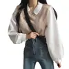 2026 Camiseta Falsa de Duas Peças para Mulheres Plus Size com Gola Polo Patchwork, Moletom de Manga Longa, Blusa Solta Versátil com Costela