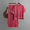 Nuevo Conjunto de Moda con Punto de Manga Corta con Abertura de Color Contrastante + Pantalones de Pierna Ancha y Pantalones de Look Adelgazante de Cintura Alta Conjunto de Dos Piezas