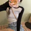 Camiseta de Manga Larga Base Estilo Puro Deseo para Mujer Otoño Raglán Bloque de Color Hombro Normal Camiseta Chica Caliente Adelgazante Ropa Interior