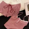 Conjunto de Pijama a Rayas Rojas Estilo Coreano para Mujer Verano Camisola Top Shorts Rectos Sueltos Estilo Nicho Primavera y Otoño