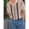 Camisa Polo de Punto Calado Minimalista Estilo Coreano para Hombre, Camisa Transparente Holgada de Manga Corta, Sudadera de Malla Rayada con Cuello de Solapa, Moderna