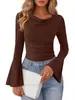 Camiseta de manga larga de punto acanalado con microcampana y cuello redondo, nueva moda de otoño/invierno europea y americana, estación independiente de Amazon transfronteriza