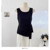 Camisola de Punto sin Mangas con Cuello Redondo Irregular Francés para Mujer Verano Plisada Adelgazante Top Corto Ropa de Mujer