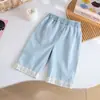 Conjunto Jeans para Meninas Verão Novo Estilo Coelho Desenho Animado Renda Colete sem Mangas Calça Wide Leg Conjunto de Duas Peças Estiloso e Versátil