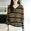 Cárdigan de punto a rayas con bloques de color y cuello en V para mujer, con diseño calado, mangas largas, corte holgado, estilo retro y cierre de una hilera de botones, perfecto como prenda exterior para primavera y otoño.