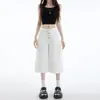 Calça Jeans Feminina Cropped Wide-Leg Reta na Barra com Design de Botões, Estilo Americano Moderno, Versátil, Cor Off-White